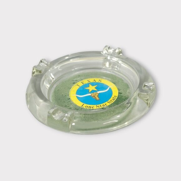 Texas Lone Star State Glass Ashtray Round 4 Slot Longhorn Souvenir Yellow Blue - Picture 9 of 11